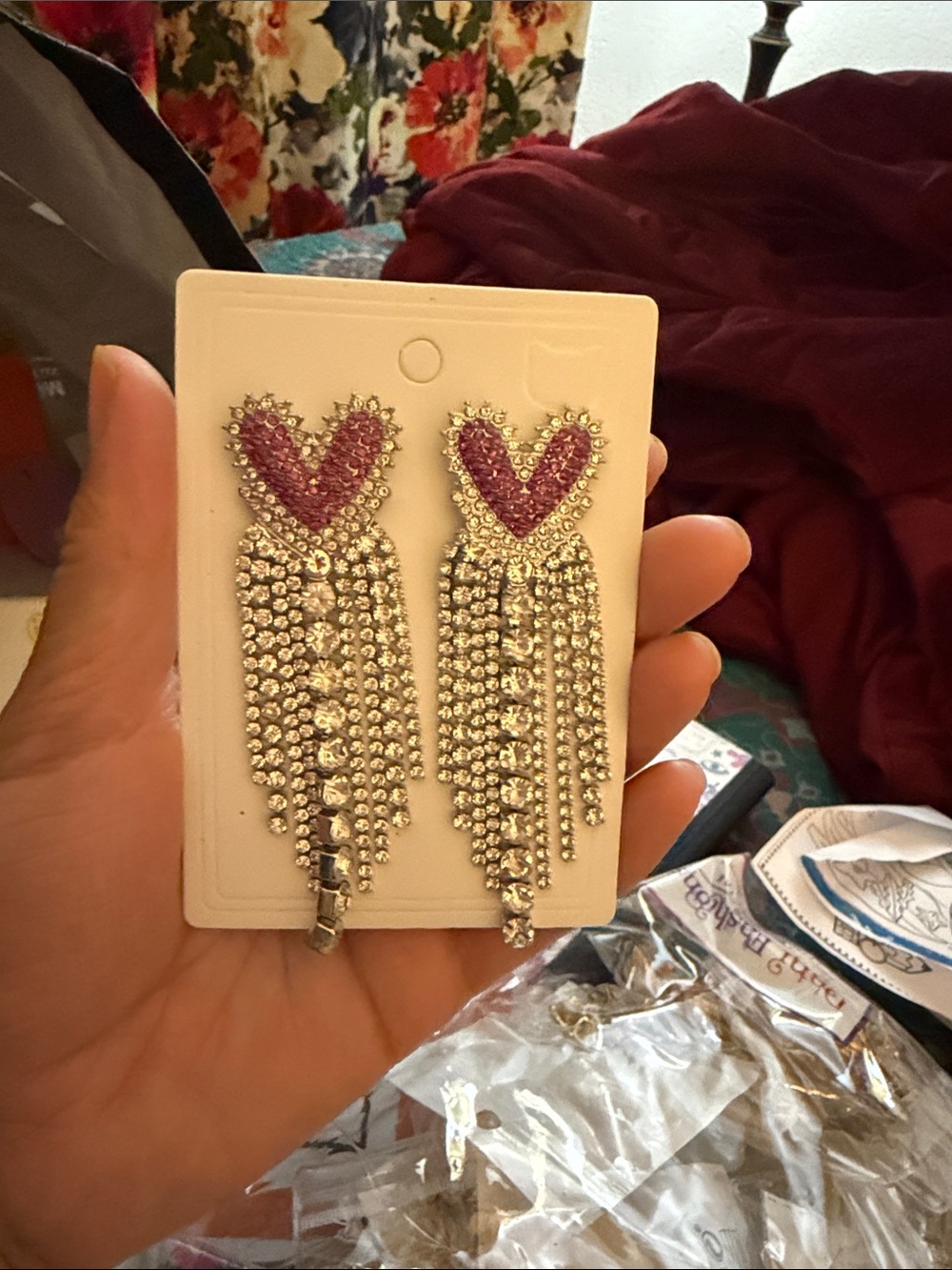 Rhinestone Heart Drop Earrings in Pink and Silver
